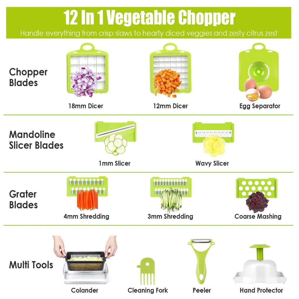 12 In 1 Vegetable Chopper With Container Kitchen Food Slicer Dicer Grater Peeler Egg Separator Hand Protector For Onion Salad Potato GPCT2055Pro